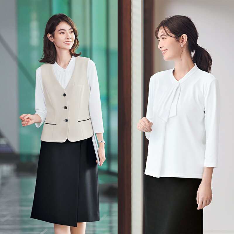 事務服 ボウタイ風七分袖ニット BCK7108 BONOFFICE ボンオフィス BONMAX ボンマックス フォーマル 事務員 受付 カウンターレディ 制服 ユニフォーム