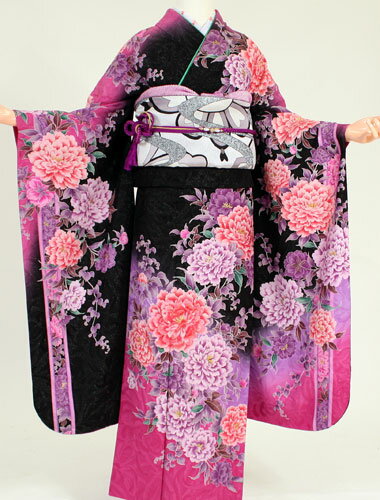 【レンタル】【成人式 振袖 レンタル】K4134マーキュリードュオ黒ラメピンク牡丹(成人式 結婚式 結納 お呼ばれ 振袖フルセット)