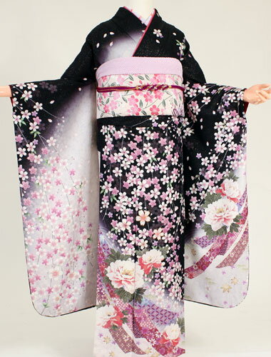 【レンタル】【振袖レンタル】k2118黒地ラメ牡丹桜（成人式 結婚式 結納 お呼ばれ 振袖フルセット）のサムネイル