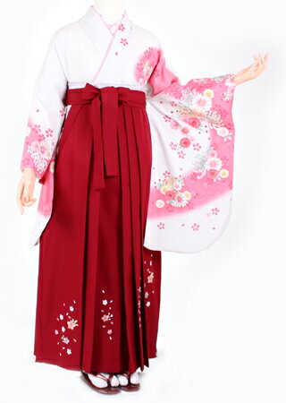 【レンタル】【卒業式袴 レンタル】S036/H032白地ピンク流れ/明ワイン小花刺繍(卒業式 着物袴セット 袴レンタル) 【レンタル】【卒業式袴 レンタル】S036/H032白地ピンク流れ/明ワイン小花刺繍(卒業式 着物袴セット 袴レンタル)