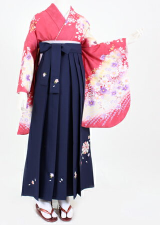 【レンタル】【着物 袴レンタル】S056/H038桃地黄紫小花/紺桜刺繍紐花（卒業式 袴セット）