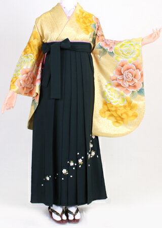 【レンタル】【着物 袴レンタル】S090/H060金ラメ大輪薔薇/深緑斜め桜刺繍（卒業式 袴セット）(4)