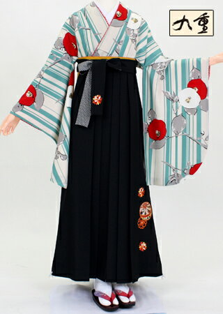 【レンタル】【着物 袴 レンタル】S145/HS144九重白地青縦縞/黒地(卒業式 袴セット 女)
