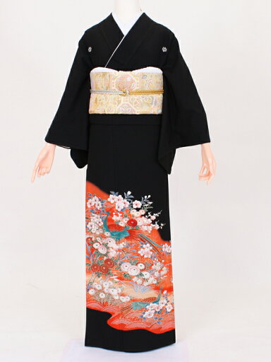 【留袖 レンタル 結婚式 着物】TC016 朱花々孔雀 黒留袖 貸衣装 留袖セット 女性和服 とめそで 【留袖 レンタル 結婚式 着物】TC016 朱花々孔雀 黒留袖 貸衣装 留袖セット 女性和服 とめそで