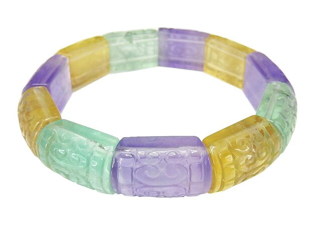 色合い良好天然石フローライト如意柄模様手彫り車輪バングルブレスレット