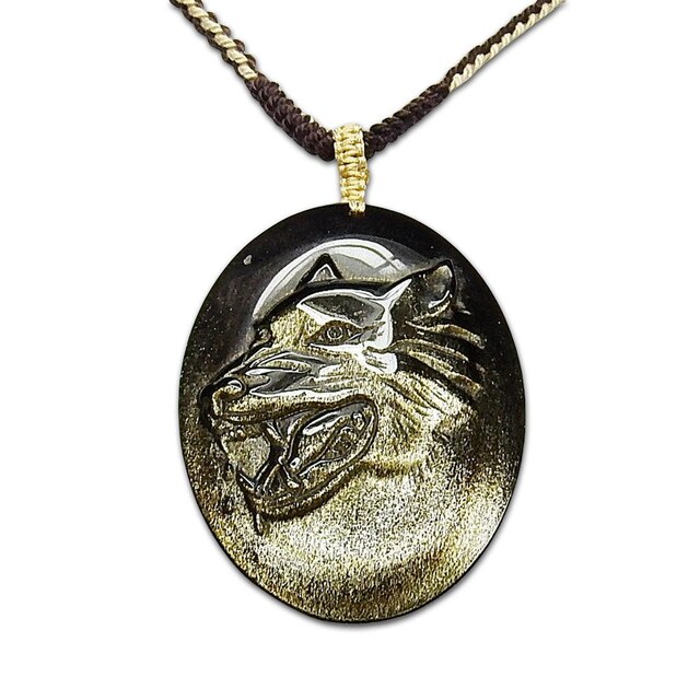 迫力発色良好ゴールドオブシディアン狼頭彫刻品天然石高級木綿紐ネックレス