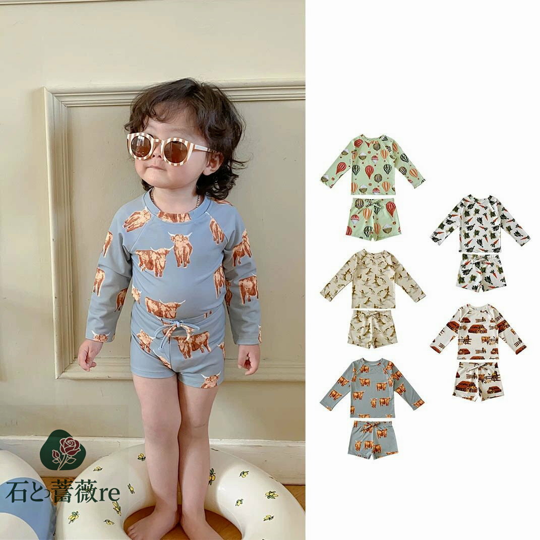 送料無料 New Arrival 子供水着 80~130cm 3点セット セパレート水着 boy girl 長袖 キャップ付き 野菜 ..