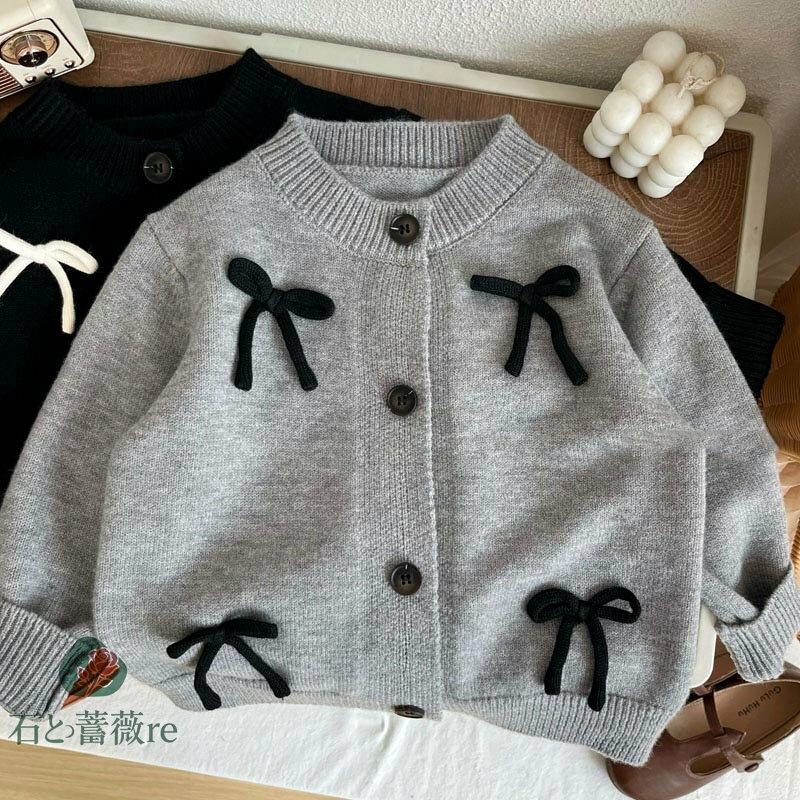 【送料無料】ベビー ニット カーディガン リボン付き 女の子 カーデ 長袖 子供服 キッズ アウター 羽織..