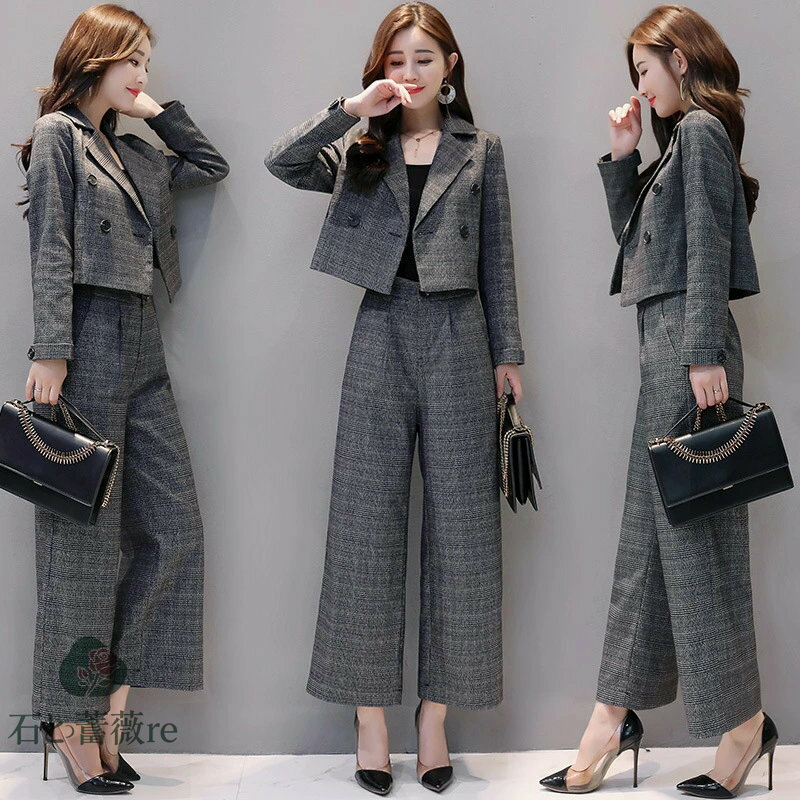 送料無料 レディーススーツ パンツスーツ トップス　ワイドパンツズボン　テーラードジャケット　ファッション カジュアル おしゃれ 春 秋 通勤 フォーマル グレンチェック柄グレー　カーキ色 楽天海外通販
