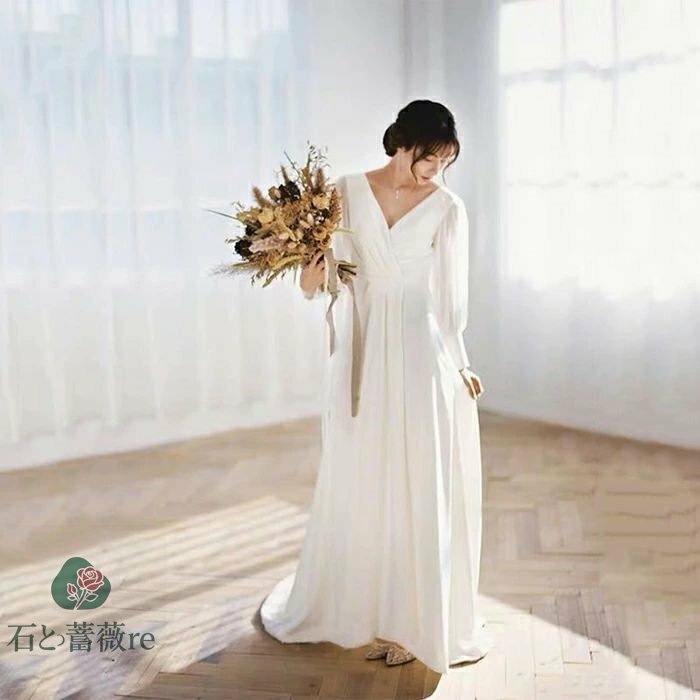 ウェディングドレス ロングドレス 長袖 Aラインドレス パーティードレス 結婚式 ドレス 花嫁 ウエディングドレス 二次会 お呼ばれ ブライダル エンパイア ワンピース 演奏会 披露宴 海外挙式 大きいサイズ 小きいサイズ 前撮り 白 wedding d