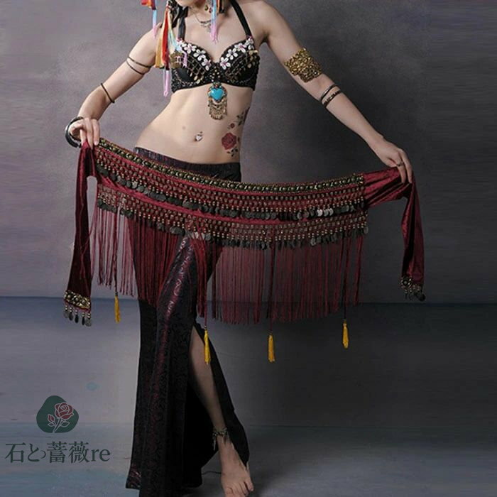 送料無料 ヒップスカーフ ベリーダンス衣装 ワイン ブラック コーヒー ボトムス コイン フリンジ 衣装 ..