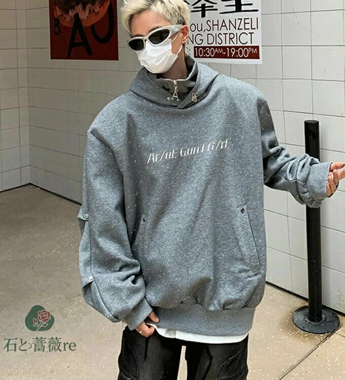 パーカー メンズ レディース プルオーバーパーカー 長袖 ショート丈 ハイネック 襟ファスナー 肩当て ..