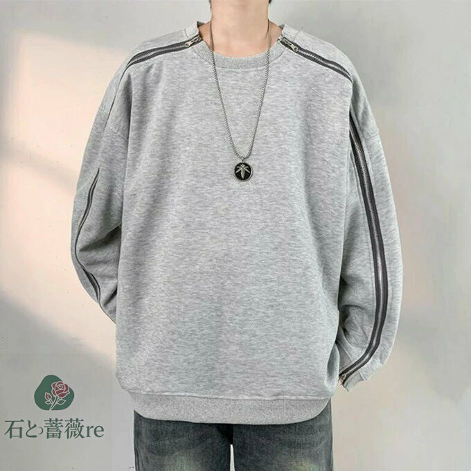 パーカー メンズ クルーネック ファスナー付き トップス プルオーバー 大きいサイズ ゆったり 着痩せ 個性的 大人 カジュアル 韓国ファッション カジュアル シンプル 春 秋 トップス 送料無料