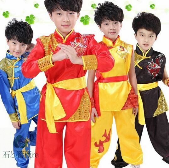 中華風チャイナ服上下セット 中式龍柄 子供用太極拳服 カンフー着 子ども 袖なし/長袖2タイプ 太極拳服 カンフー服 キッズ 女の子　男の子　舞台演出服