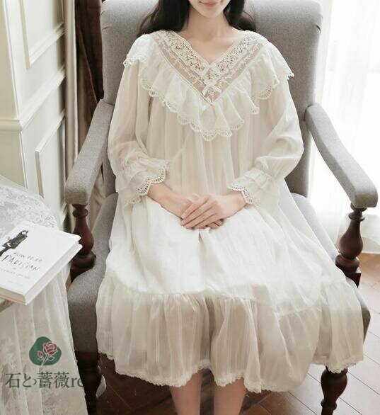 レディース 白い姫系 長袖パジャマ 綿 レース Vネック　リボン　春夏　ワンピース ネグリジェ 寝巻き パジャマ ロマンティック 女性用 部屋着 ナイトウェア　天使風ルームウェア