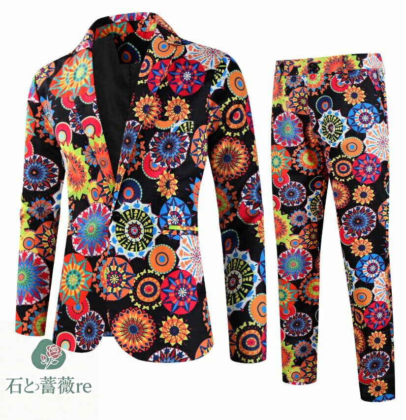 メンズ スーツセット クリスマススーツ 花火柄 長袖タキシードジャケット 単品/パンツ2点セット ハロウィン スーツ二次会コスプレステージ演出服アウター 舞台ダンスウェア 団体服 発表会 カラオケジャケット パーティー年会写真撮影