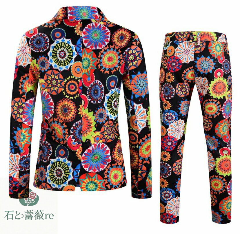 メンズ スーツセット クリスマススーツ 花火柄 長袖タキシードジャケット 単品/パンツ2点セット ハロウィン スーツ二次会コスプレステージ演出服アウター 舞台ダンスウェア 団体服 発表会 カラオケジャケット パーティー年会写真撮影