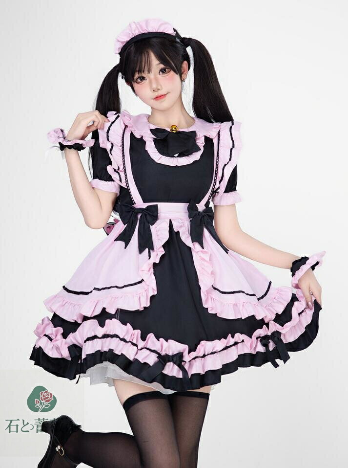 ロリータ ドレス　可愛いハロウィン猫ちゃんメイド服 リボン ウェイトレス 5点セット レディースロリー..