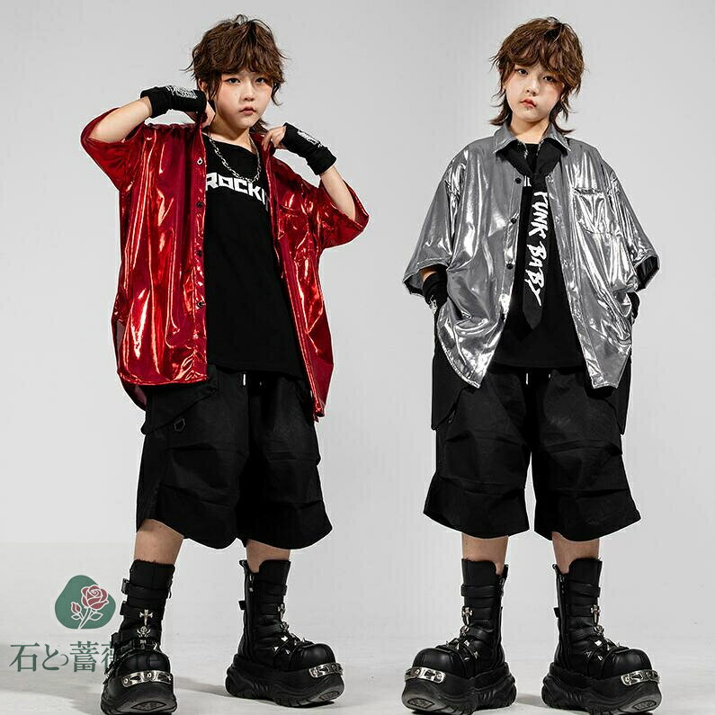 キッズダンス衣装　レザー半袖シャツ　pu素材アウター　ハーフカーゴパンツ 2/3点セット　ゆったり子供..