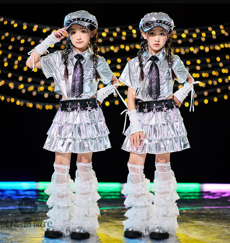 女の子ダンス衣装　シルバージャズダンスウェア　半袖シャツ　3重フレアスカート3/4/5/7点セットアップ..
