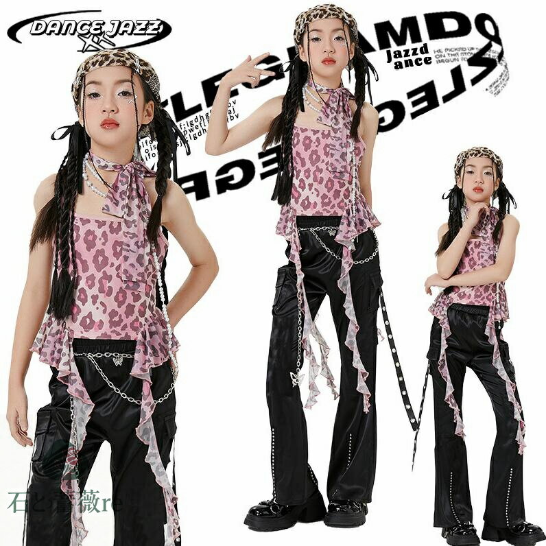 キッズダンス衣装　豹柄キャミソールtシャツガウチョパンツ3点/4点セット　夏女の子ステージ演出hiphopjazzウェア 子供ヒップホップジャズ　kpop舞台演出服　ラッパパンツ　モデルショー　コスチューム 学園際 イベント 舞台ダンス衣装