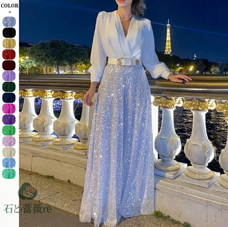 パンツドレス　切り替えスパンコールガウチョパンツ　パーティー　Vネック　春秋長袖オールインワン ハ..