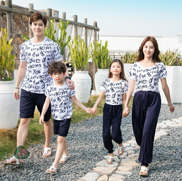 カップルペア家族お揃い男女兼用半袖tシャツ+パンツ2点セット　レディース/女の子ロング丈パンツ　親子..