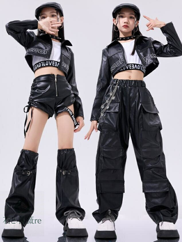 子供ヒップホップジャズダンス衣装　黒女の子ヒップホップダンス服　春秋　セット内容豊富　臍出しpu革..