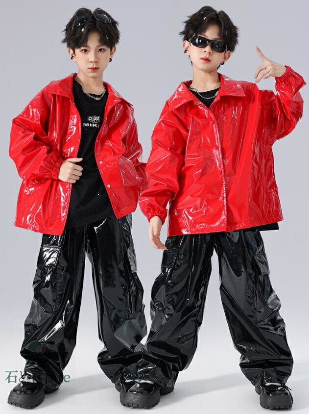 キッズジャズヒップホップダンス衣装 pu素材 レザー子供ダンスウェア 光沢 半袖tシャツ 春秋2点/3点セットアップ ライダースジャケット 舞台演出服 キッズhiphopjazz舞台ダンス衣装 男女兼用ステージ演出ウェア