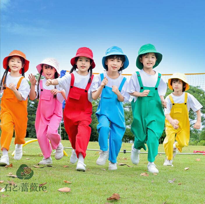 子供ダンス衣装 サロペット カラフルオールインワン 半袖tシャツ+ロングパンツ2点セットアップ 女の子/男の子ジャズヒップホップダンス服 コットン100％ 普段着チアガール チアリーディング舞台演出服 キッズhiphopjazz舞台ダンス衣装 男女兼用ステージ演出ウェア