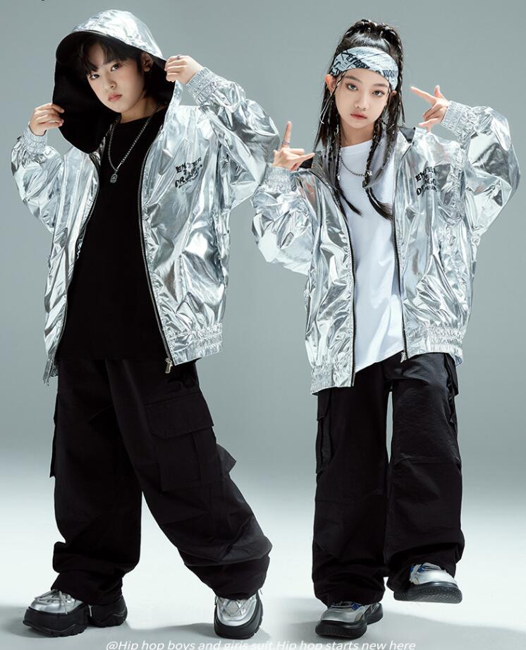 秋冬子供ダンス衣装 フード付きジャケット パーカ シルバー 長袖コート ロング丈パンツ キッズヒップホップジャズダンスウェア ブルゾン 女の子男の子舞台演出服 ...