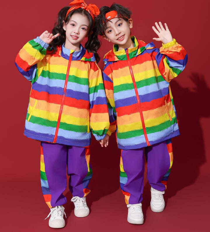 秋冬子供ダンス衣装 虹柄 フード付きパーカジャケット サルエル 運動会 普段着 長袖コート 子供パンツ2点/3点セットアップ 舞台演出服 ヒップホップジャズダン...
