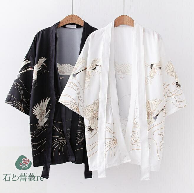 羽織 着物風 レディースカーディガン UVカット羽織 鶴柄 ベルトあり 甚平和式 羽織 5分袖 和風 浴衣風アウター 夏 ルームウェア UVカット羽織 カジュアル 花火大会 部屋着