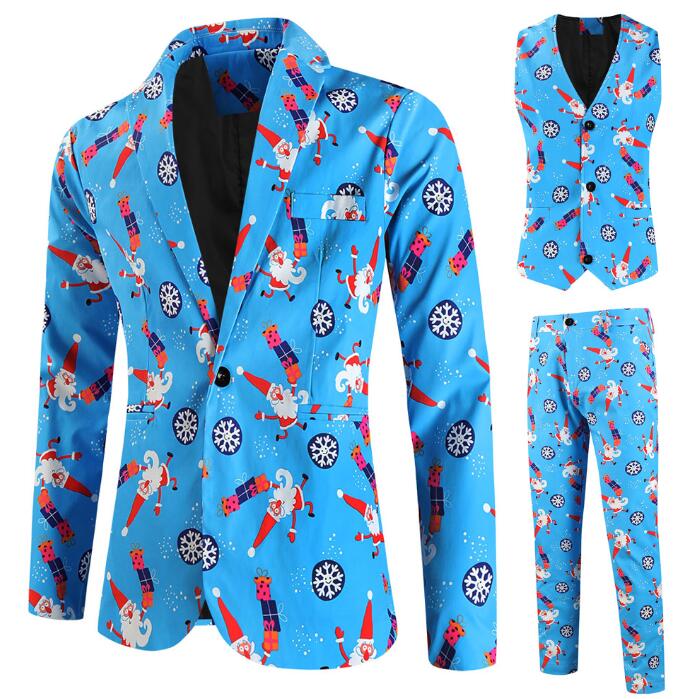 メンズスーツセット クリスマススーツ　雪玉柄　ジレベスト　ロング丈パンツ　タキシードジャケット　Christmas単品/2点/3点セット　二次会コスプレステージ演出服アウター　舞台ダンスウェア　団体服　発表会　カラオケ　パーティー　年会写真撮影