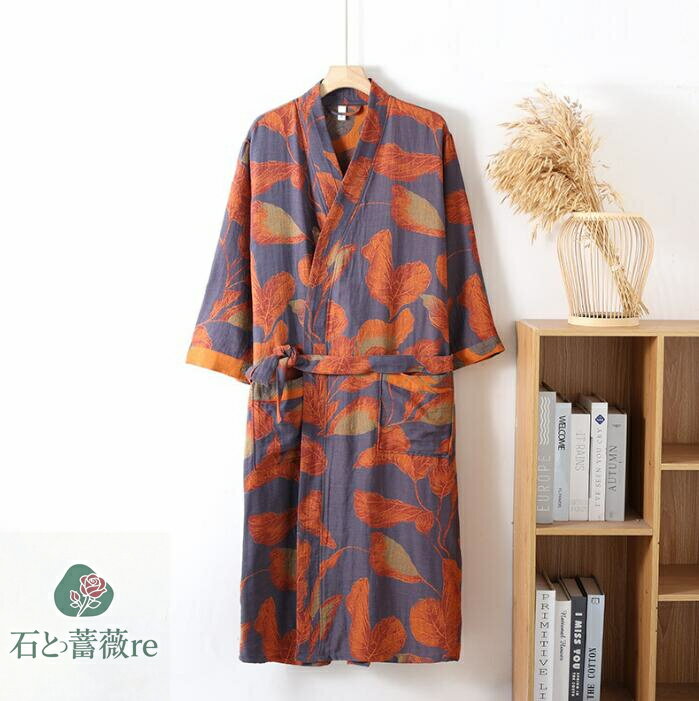 日系メンズバスローブ　男女兼用バスローブ　コットン100％　木の花柄　メンズパジャマ 日系　ホテル　..