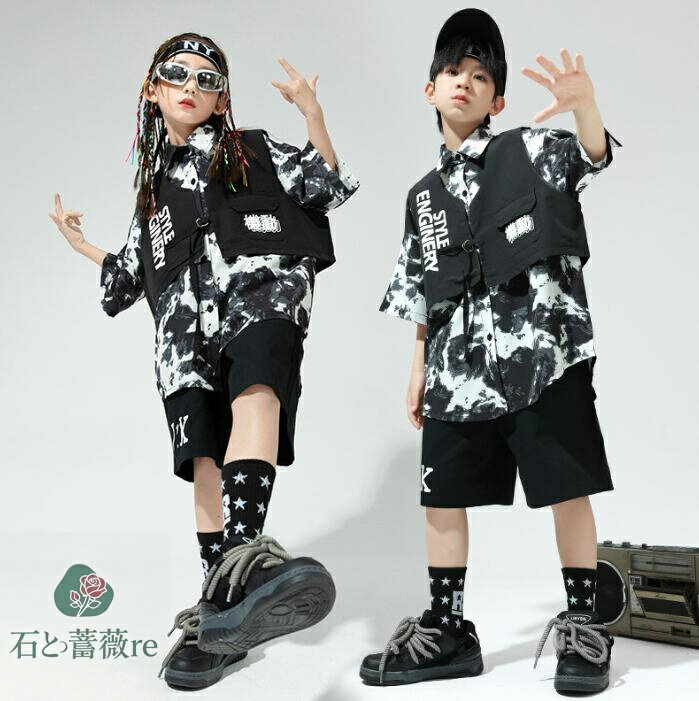 ヒップホップジャズ子供ダンス衣装子供カジュアルベスト　原宿風半袖シャツ　ハーフパンツ　女の子/男..