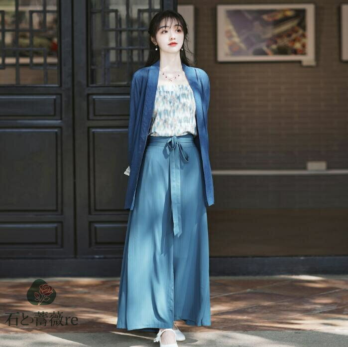 中華漢服 レディースチャイナ改良漢服3点セット　羽織+ガウチョパンツ+キャミソール 宋朝コスプレ衣装..