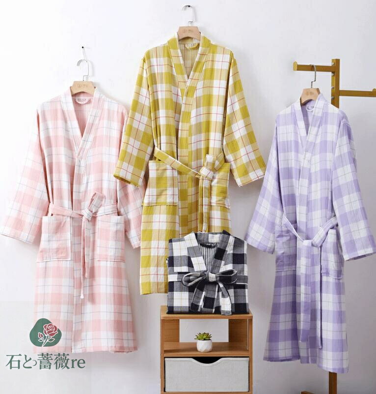 日系チェック柄バスローブ　男女兼用バスローブ　コットン100％　メンズ レディース長袖バスローブ 男..