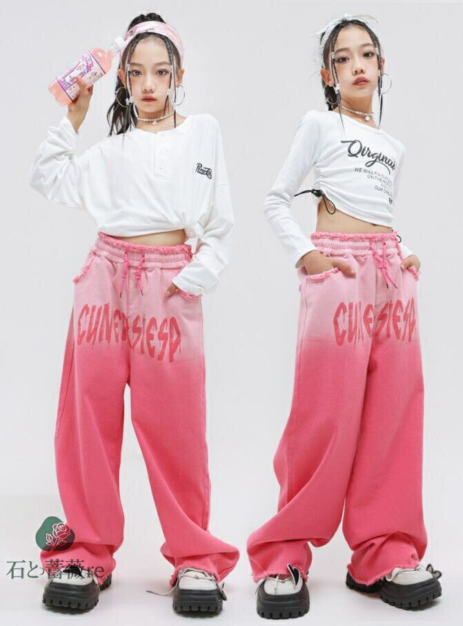 女の子ダンス衣装　ピンク子供ヒップホップジャズダンス衣装　長袖tシャツ+デニムパンツ　ゆったりジー..