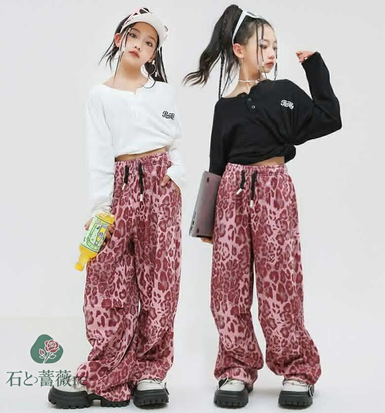 女の子ダンス衣装　子供ヒップホップジャズダンス衣装　長袖tシャツ+豹柄パンツ　ショート丈臍出しtシ..