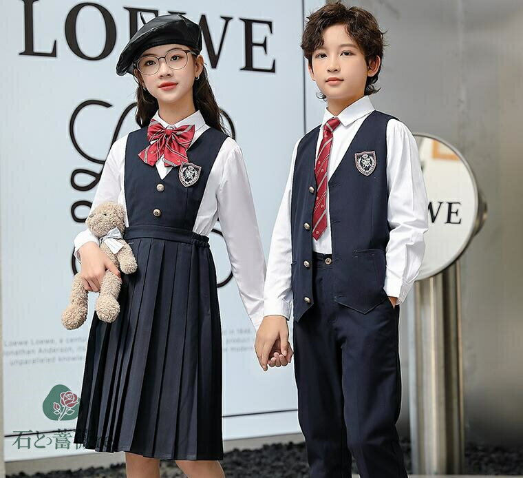 子供スーツセット 学園風 学園制服 ユニフォーム 幼児 小学生 中学生 通園通学 子供服 通学 ワイシャツ ベスト フォーマルスーツ衣装 女の子スカートセット 男の子パンツセット サロペットプリーツスカート ピアノ 発表会 学園祭 文化祭 イベント