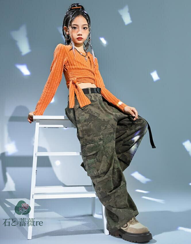 女の子ダンス衣装　ヒップホップジャズダンスウェア　カットソートップス　迷彩柄サルエルパンツ　ミリ..