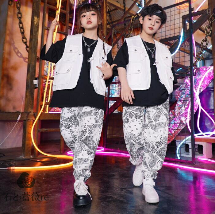 子供ヒップホップジャズダンスウェア　カジュアルベスト　原宿風パンツ　半袖tシャツ　春夏キッズダン..