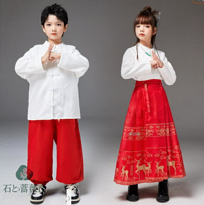 中華風舞台ダンス衣装　キッズステージ演出hiphopjazzウェア 子供漢服　クリスマス　ロング丈プリーツ..