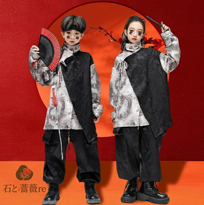 子供ダンス衣装　チャイナ風シャツ　ブラウス　ガウチョパンツ　龍柄　中華風女の子男の子兼用ダンスウ..