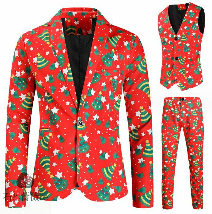 メンズスーツセット クリスマスツリー　ジレベスト　長パンツ　タキシードジャケット　Christmas 単品/..