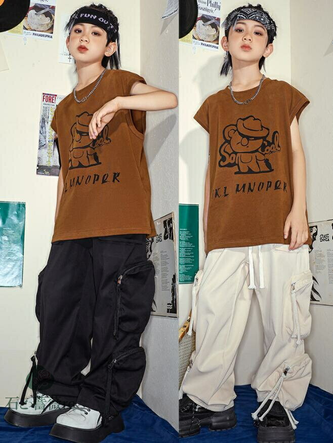 子供舞台演出服　ヒップホップジャズダンス衣装　ゆったり半袖tシャツ　サルエルパンツセットアップ　..