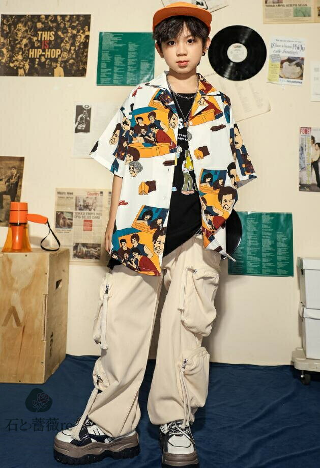 子供社交ダンス衣装　ヒップホップジャズダンス衣装　原宿風シャツカーディガン　プリント　半袖tシャ..