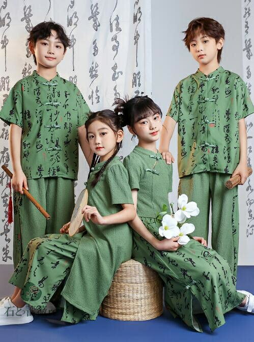 キッズダンス衣装 子供中国風ダンス衣装 ジャッズダンス HIPHOP　グリーン ヒップホップ 　舞台服 出演..