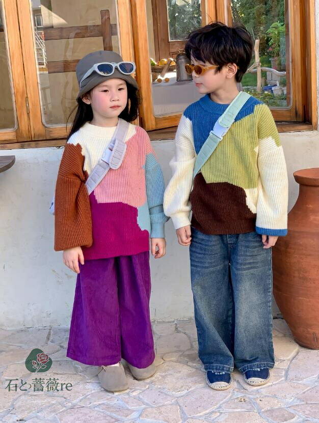 韓国風子供セーター　切り替え　男の子　女の子ニットセーター　男の子セータートップス　ニットセーター　ブルオーバー　秋新品　カジュアル　兄妹ペア　90-150cm